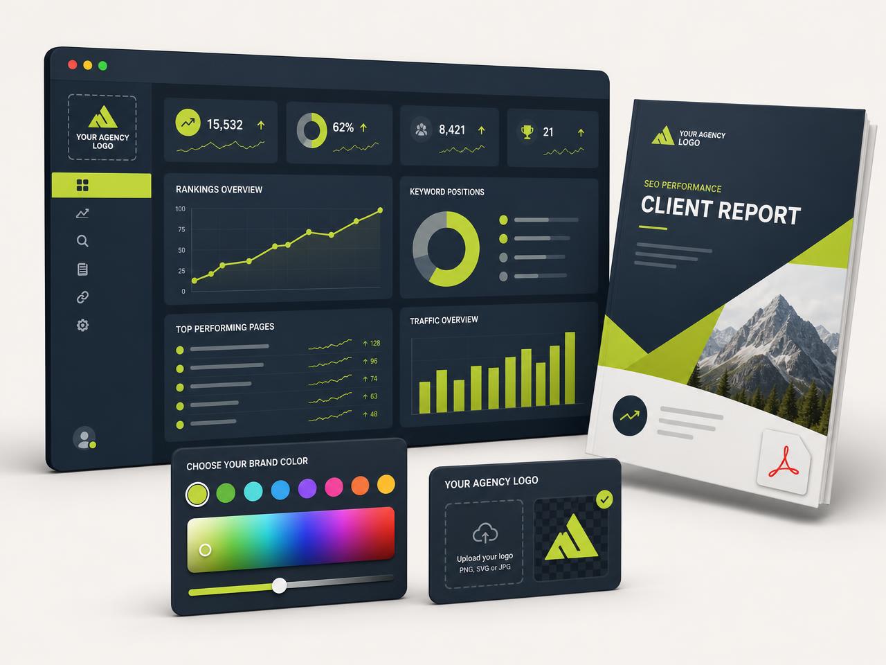 White-label agency monitor environment with custom logo and brand colours